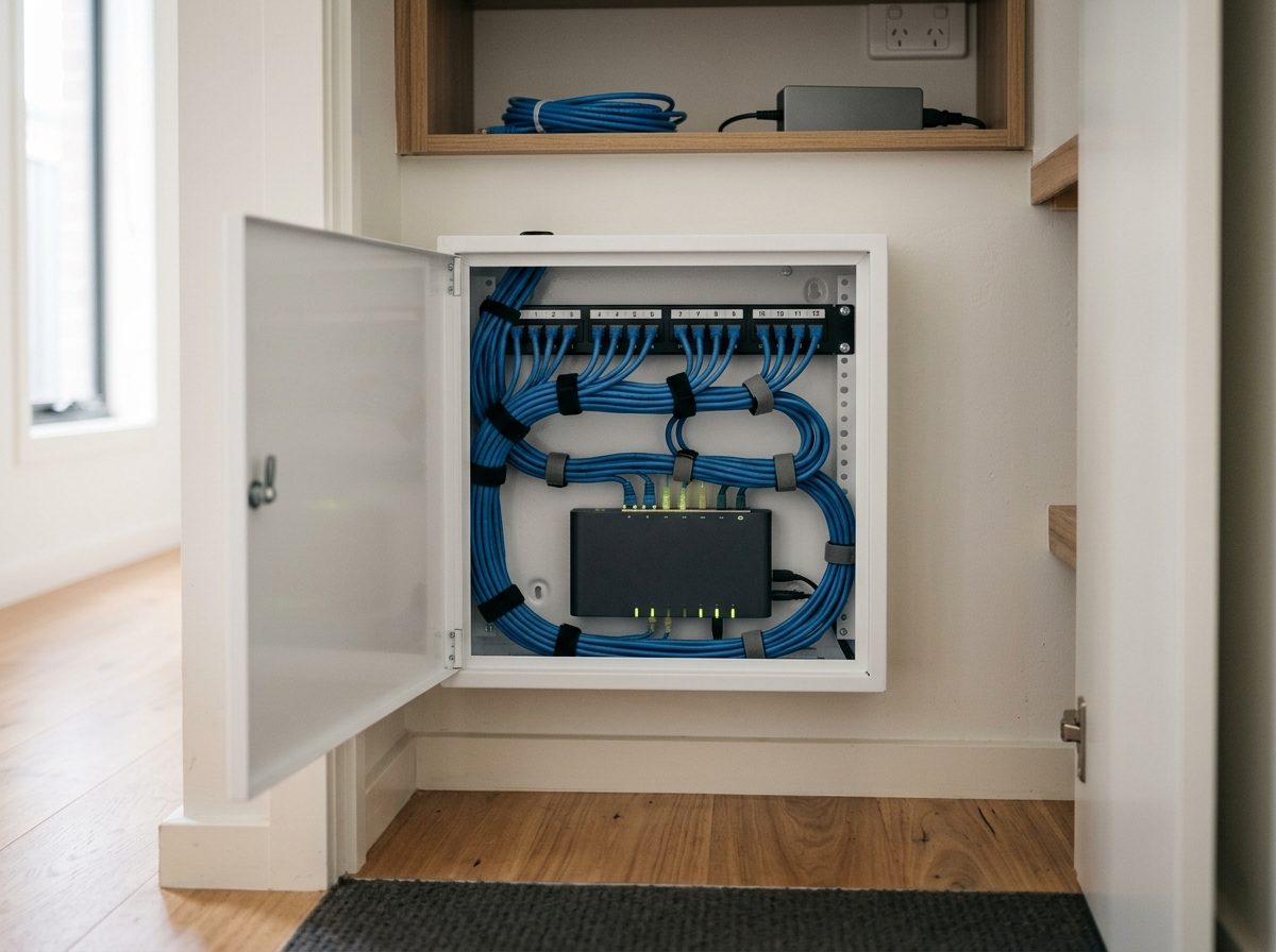 Home network cabinet with patch panel and router