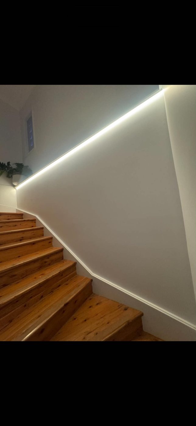 LED strip lighting on a timber staircase
